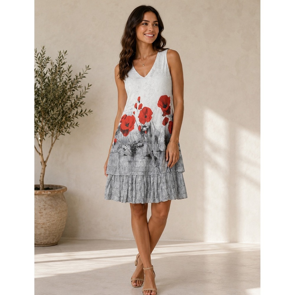 Poppy Print Dress Large Tango Mango Flowers White Sundress Midi Romantic Whimsy